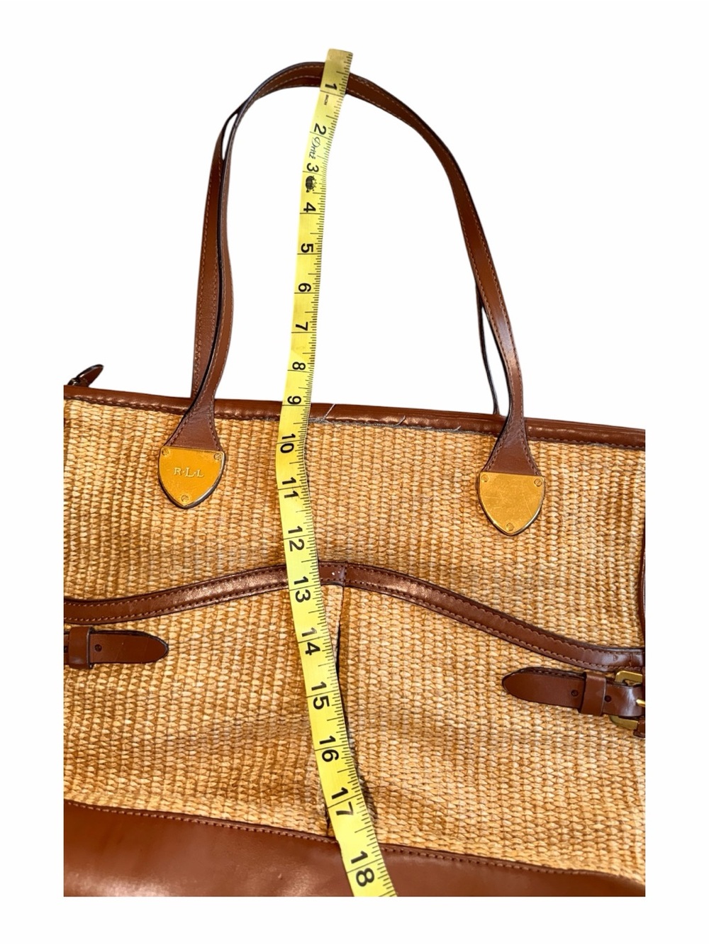 Lauren Ralph Lauren Straw Woven Tote Bag Brown Leather Trim Gold RL Logo Preowne - Picture 9 of 11